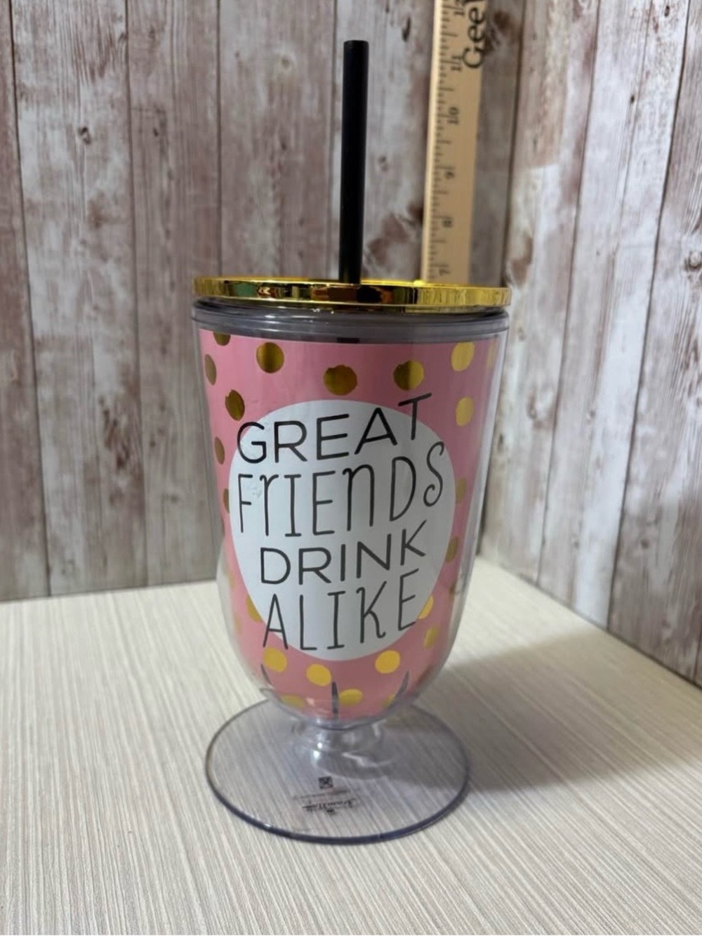 Hallmark Insulated Tumbler Pink and Gold Polka Dot with Straw & Lid